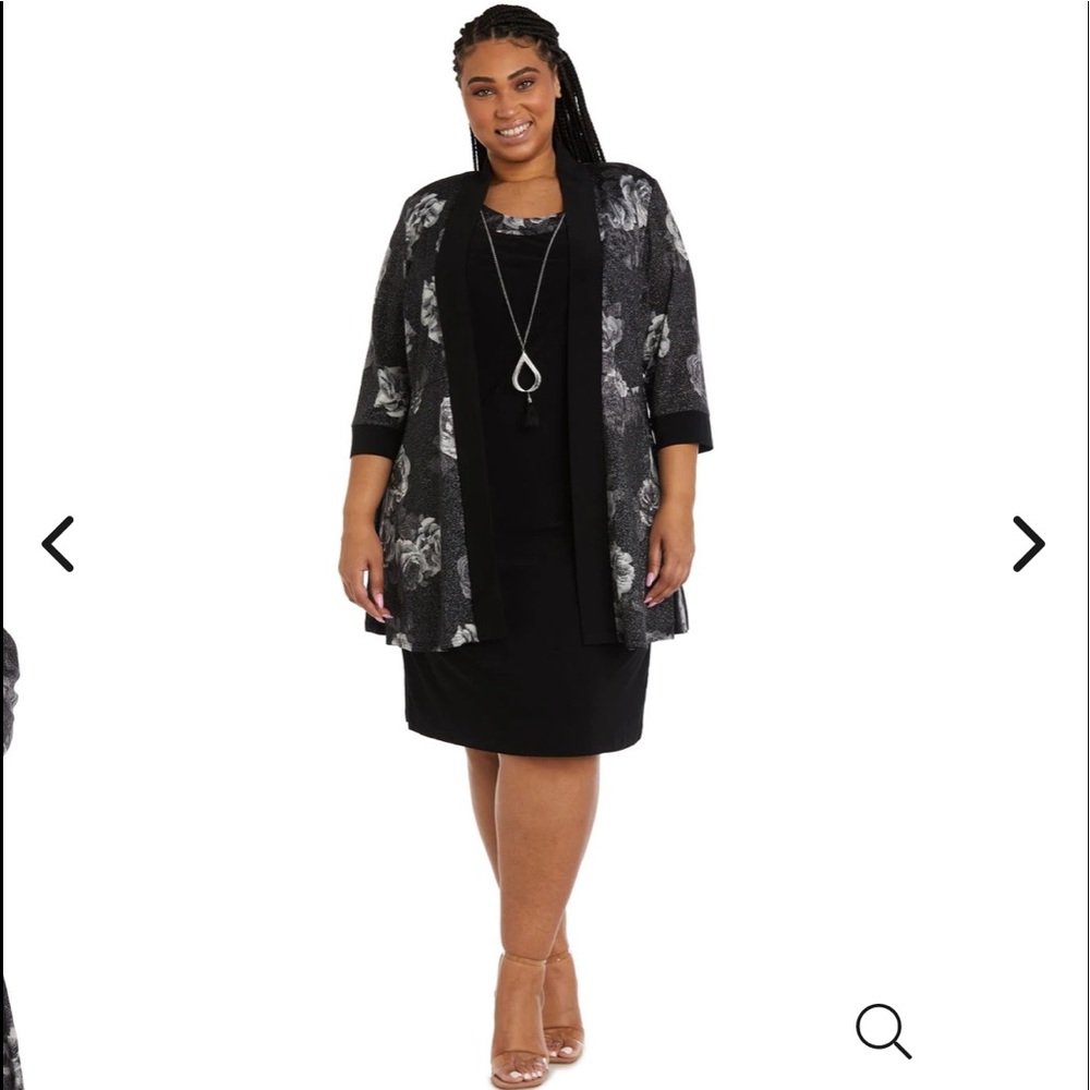 NWT,R&M Richards Two-Piece Printed Jacket and Dress Set black/silver size 20W